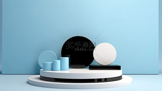 当代天蓝色背景与白色和黑色讲台的几何 3D 渲染，用于展示化妆品