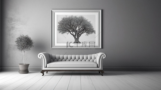 可爱时尚的背景图片_现代灰色房间配有时尚的沙发相框和可爱的 3D 渲染微型树