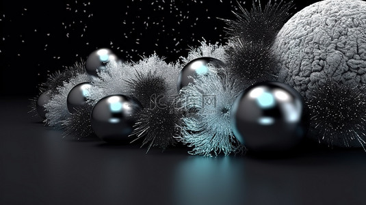 黑色背景上的霜球花环，3D 插图中的节日冬季装饰
