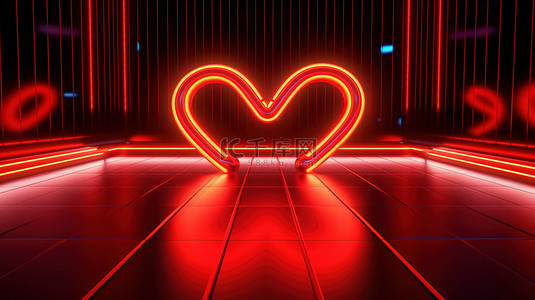 情人节主题 3D 插图两颗心在霓虹灯中交织在一起，在红色地板上反射
