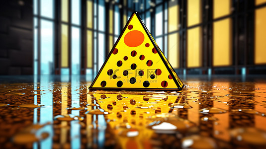 下雨地面效果背景图片_1 黄色警告加密货币 polkadot 湿地板标志的 3D 插图渲染
