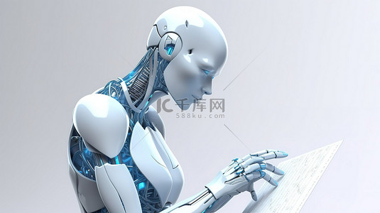 科技蓝色背景板背景图片_隔离在白色女性机器人或机器人上，在 3D 渲染中持有蓝色空白纸
