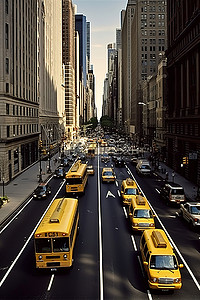 高层街道上的公共汽车和黄色出租车