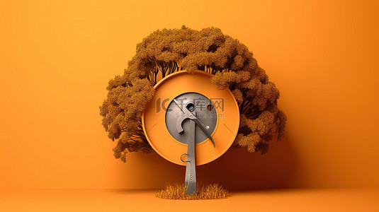 橙色背景与 3D 渲染单色树锯