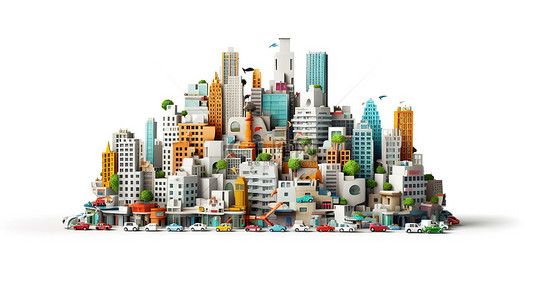 商业媒体背景图片_白色背景下的小城镇景观 3D 渲染混合媒体设计