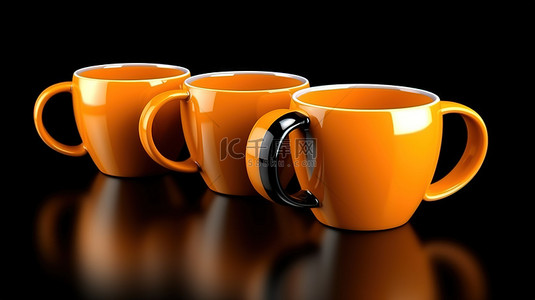 橙色样机背景图片_光滑的黑色背景上充满活力的橙色塑料咖啡杯，巧妙地以 3D 渲染，用于特写镜头