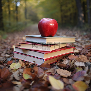 美团店铺水果招牌背景图片_秋天树叶中的书堆上的红苹果照片