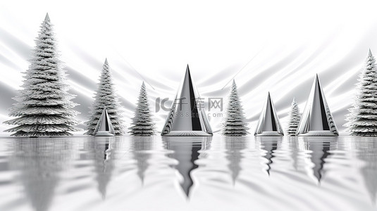白色冬季仙境 3D 渲染闪闪发光的银色圣诞树森林
