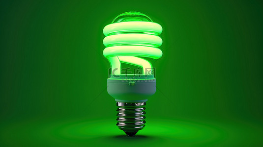 科技效率背景图片_由逼真的 3d 节能灯泡照亮的绿色背景