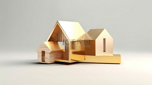 代理图标背景图片_迷人的住宅，采用简约风格 3D 渲染，采用独立的黄金和木屋图标