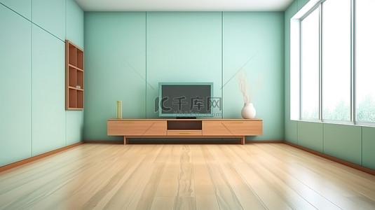 日式薄荷柜电视在无家具的室内房间 3D 渲染