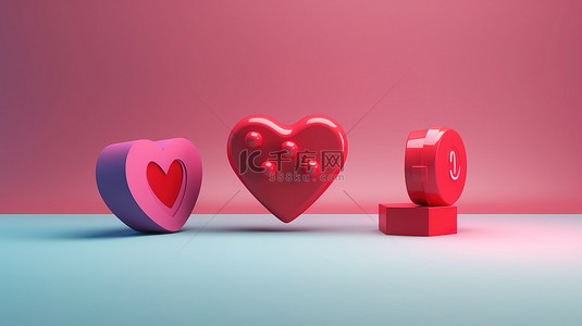 分享爱心背景图片_最小概念三个社交媒体通知，带有 3d 爱心图标