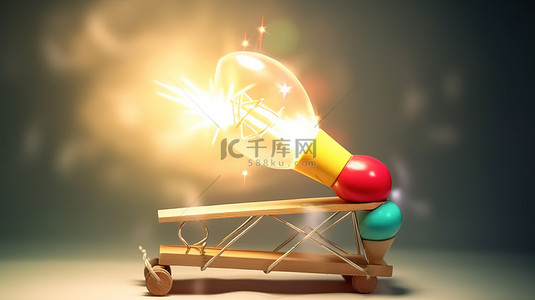 春节遇上情人节背景图片_提升商业创造力 3D 灯泡落在跷跷板上，推动火箭腾空而起