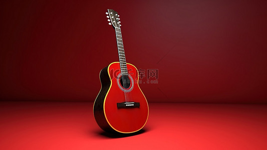 原味字体设计背景图片_带有渲染插图的 3d 红色背景设计中的原声吉他