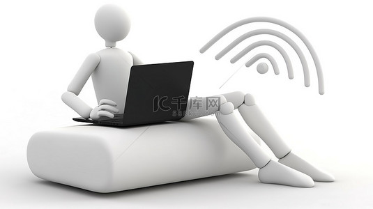 笔记本电脑和 wifi 符号与白色背景上的 3d 人