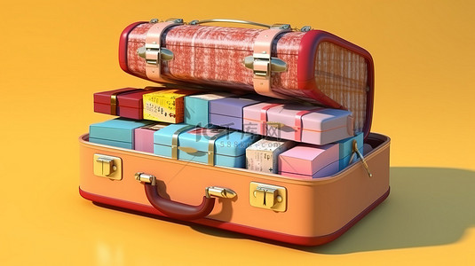 旅行行李背景图片_充满活力的行李套装，配有护照和冒险旅行门票 3D 渲染