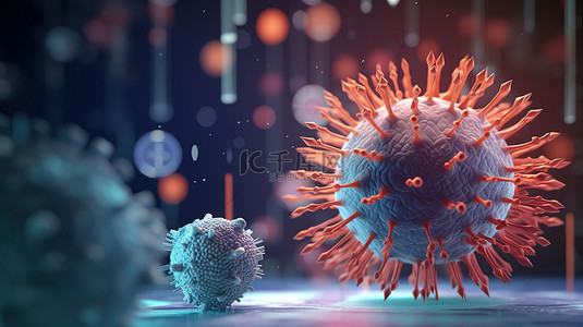 防控新型冠状病毒感染背景图片_使用 omicron 病毒和图表对实验室背景进行 3D 渲染