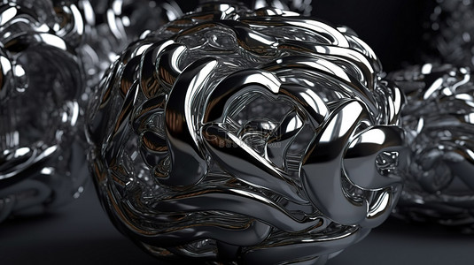 几何扭曲背景图片_反射纹理渲染中的雕塑镀铬扭曲金属形状和球体