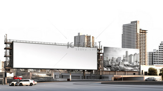 农业科普展牌背景图片_在白色背景下的城市景观 3d 渲染中的空广告牌