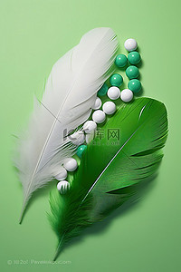 甜白背景图片_白色表面上有两根绿色和白色的羽毛