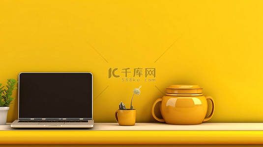 明亮的黄色架子背景与笔记本电脑 3D 渲染