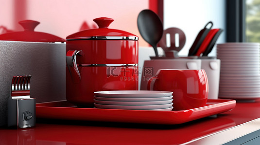 时尚的 3D 渲染特写现代红色厨房家具和厨具