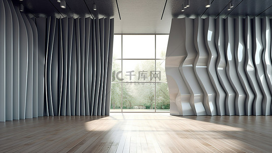 企业背文化景墙背景图片_当代空间大厅，配有灰色色调的手风琴折叠墙隔断和光滑的地板 3D 渲染