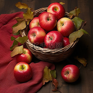 复古枫叶背景图片_复古棕色背景中篮子里的红苹果