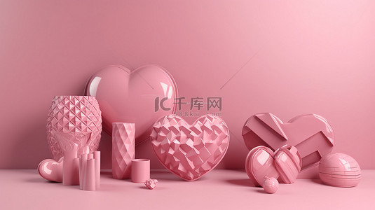 几何粉红色饰有装饰心形令人惊叹的 3D 效果图用于产品展示