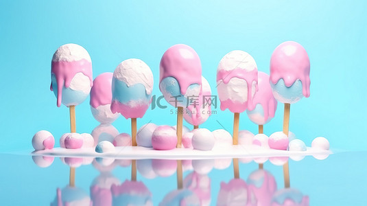 粉红色冰淇淋棒在柔和的蓝色背景上融化的创意 3D 插图，以夏季为主题