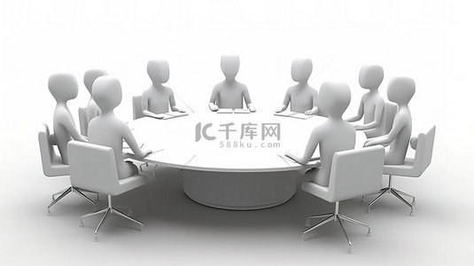 简短的背景图片_3d 个体聚集在白色背景下的会议桌上