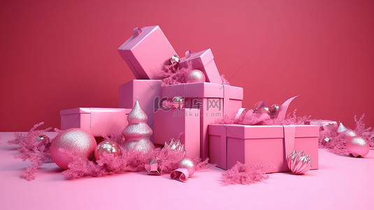 派对活动墙背景图片_圣诞节喜悦3d粉色礼盒渲染
