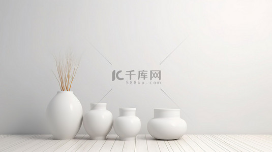简约的白色陶瓷花瓶和木地板上的锅 3d 渲染与复制空间