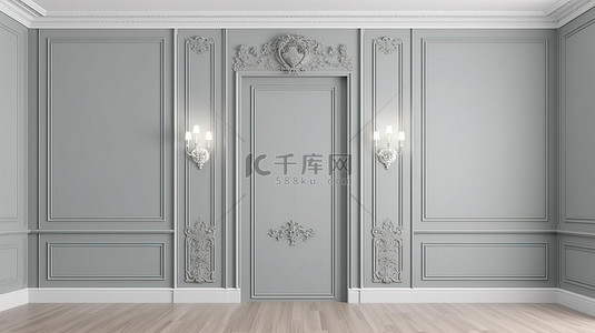 宫殿背景墙背景图片_永恒魅力的内墙 3D 渲染，带有优雅的檐口复杂的造型和装饰门