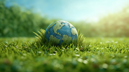 地球环境日 3D 渲染横幅，草背景上有倾斜角度