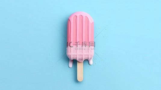冰棒背景背景图片_简约的夏季概念 3D 插图，粉红色冰棒在柔和的蓝色背景下融化