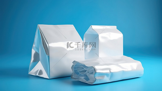 包裝設計背景图片_孤立的蓝色背景 3d 渲染的白色箔包样机