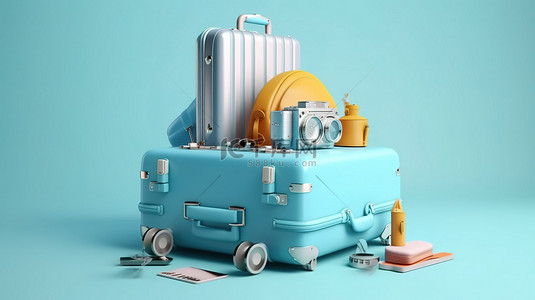 夏季主题 3D 渲染装满旅行必需品的蓝色手提箱