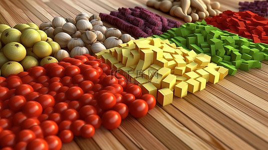 木桌上新鲜切碎的蔬菜巧妙组织的 3D 渲染