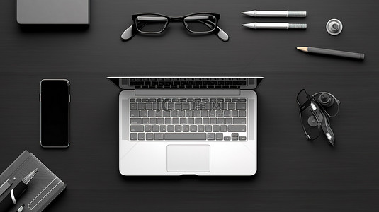 从顶视图看带有笔记本电脑笔和眼镜的黑桌工作区的 3D 插图