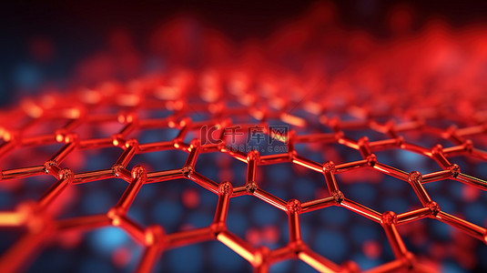 利用纳米技术对红色石墨烯分子结构进行 3D 渲染