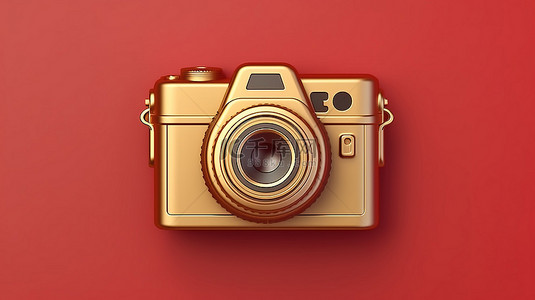 牌匾背景图片_复古相机图标 红色和哑光金色牌匾上金色色调的经典复古相机 3D 渲染的社交媒体符号