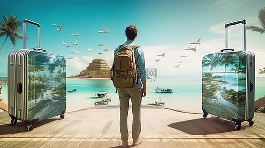 旅游横幅背景图片_电子旅行板在行动中男性游客的后视图 3D 插图用于旅游推广