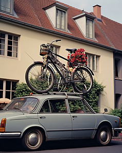 自行车背景图片_车顶上有三辆自行车