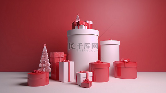 可爱装饰丝带背景图片_节日圣诞老人和圣诞树 3D 渲染讲台，配有礼品盒和丝带