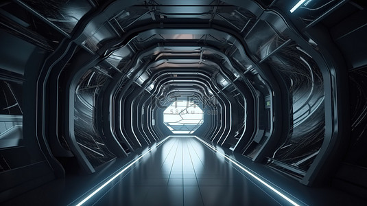 通过 3D 渲染描绘的抽象空间中的未来派走廊走廊