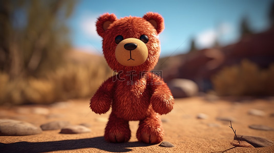 可爱的泰迪熊在 3D 渲染的世界中大步前进