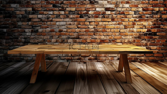 3d 木桌的砖墙背景