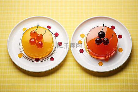 樱桃樱桃背景图片_两个盘子，上面装饰着樱桃和橙子果冻