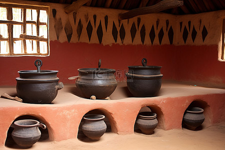 厨房里摆满了大红锅，旁边是木炉
